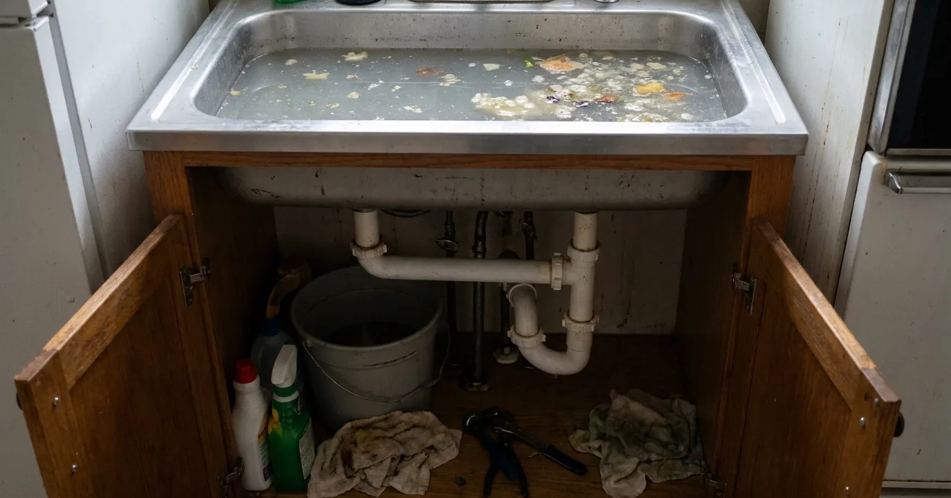 A kitchen sink with standing water