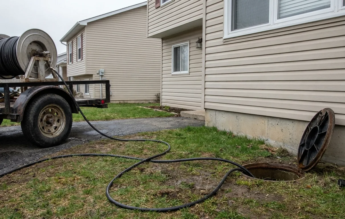 A hydrojetting hose at a yard cleanout