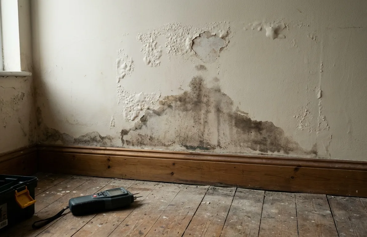 A damp wall at the baseboard
