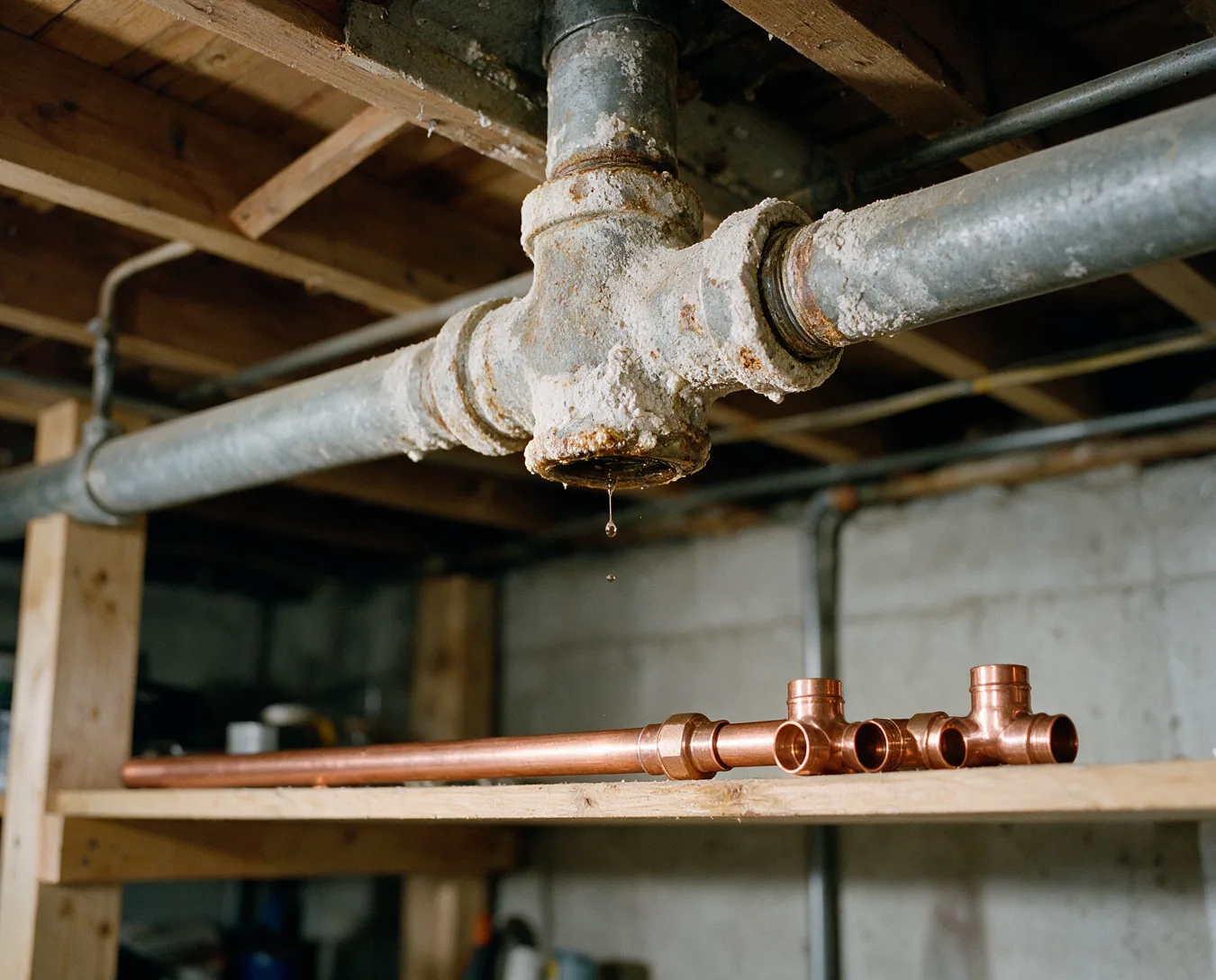 A corroded galvanized pipe joint