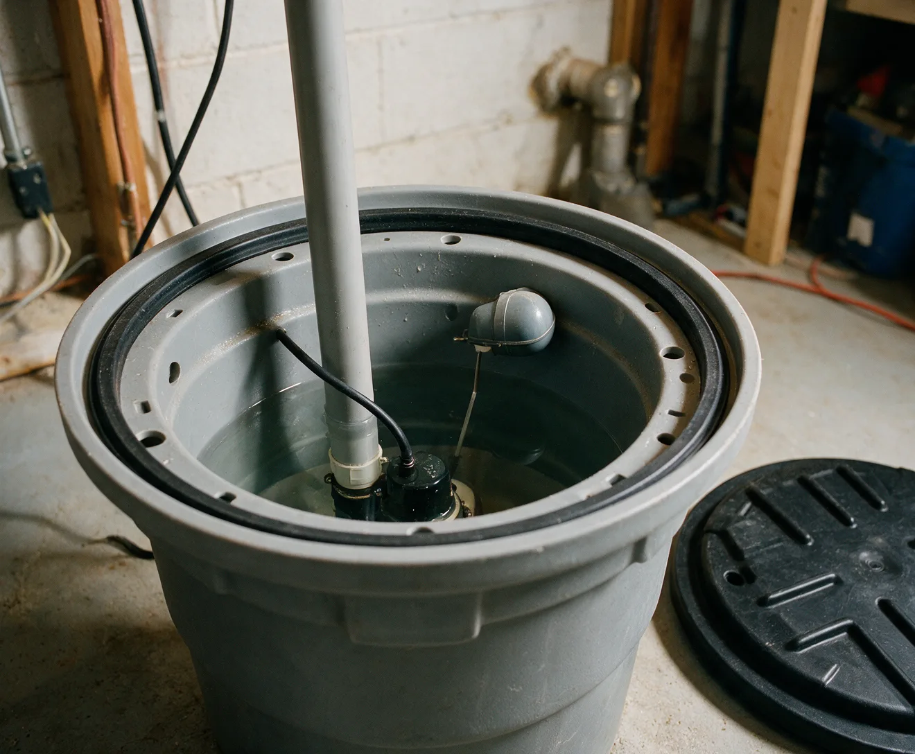 A sump pit in a basement
