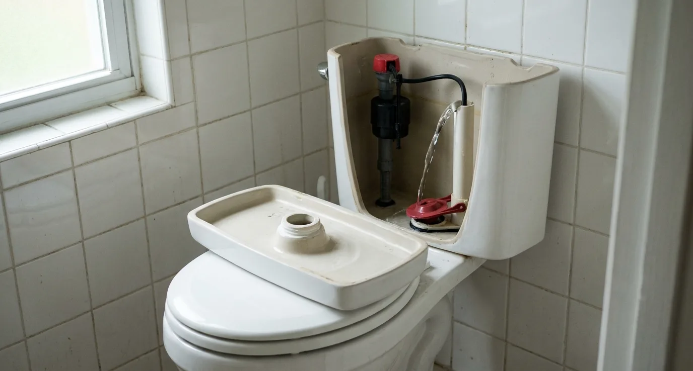 A toilet tank with the lid off