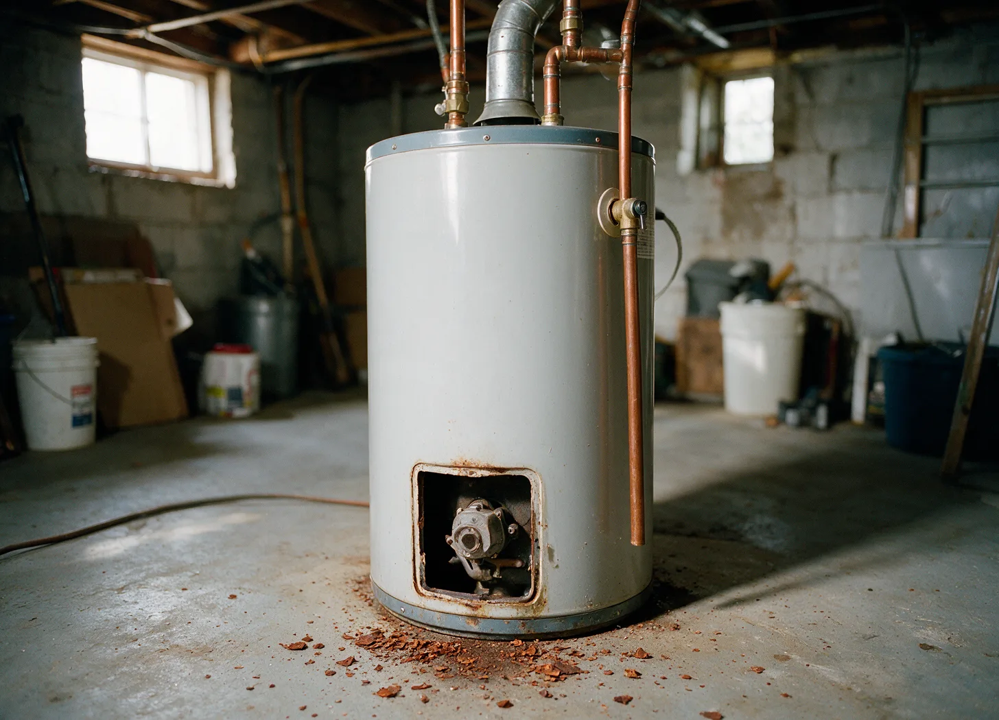 A gas water heater with the burner door open